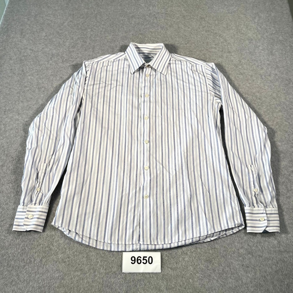 Versace Trend Dress Shirt Mens 16 White Blue Striped Cotton Formal Business